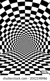 Resumen Patrón blanco y negro con túnel. Ilusión psicodélica contrastante. Espiral de cuadros suaves y tablero de ajedrez en perspectiva. Vector. Ilustración 3D
