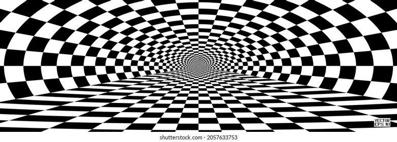 Abstract Black and White Pattern with Tunnel. Contrasty Optical Psychedelic Illusion. Smooth Checkered Spiral and Chessboard in Perspective. Vector. 3D Illustration