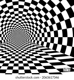 Abstraktes Schwarz-Weiß-Muster mit Tunnel. Kontraste optische psychedelische Illusion. Leicht kontrollierter Spiral und Schachbrett in Perspektive. Vektorgrafik. 3D-Illustration
