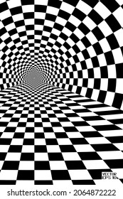 Resumen Patrón blanco y negro con túnel. Ilusión psicodélica contrastante. Espiral de cuadros suaves y tablero de ajedrez en perspectiva. Vector. Ilustración 3D