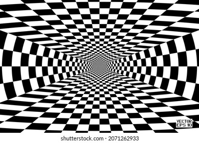 Abstract Black and White Pattern with Tunnel. Contrasty Optical Psychedelic Illusion. Smooth Checkered Spiral and Chessboard in Perspective. Vector. 3D Illustration