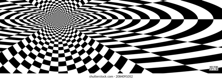 Abstract Black and White Pattern with Tunnel. Contrasty Optical Psychedelic Illusion. Smooth Checkered Spiral and Chessboard in Perspective. Vector. 3D Illustration