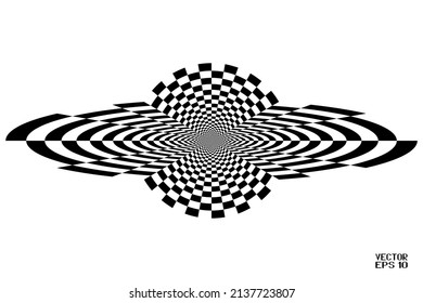 Resumen Patrón blanco y negro con túnel. Ilusión psicodélica contrastante. Espiral de cuadros suaves y tablero de ajedrez en perspectiva. Vector. Ilustración 3D