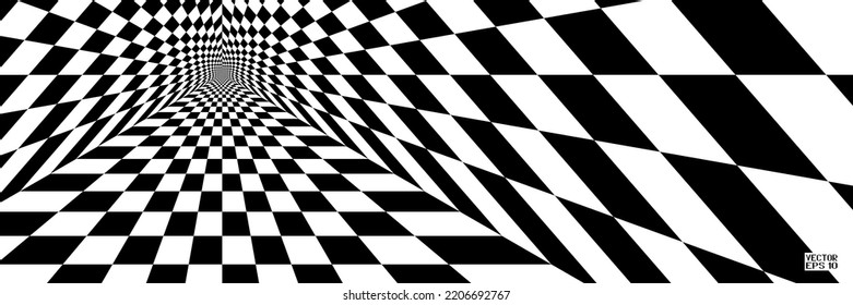 Abstract Black and White Pattern with Tunnel. Contrasty Optical Psychedelic Illusion. Smooth Checkered Spiral and Chessboard in Perspective. Vector. 3D Illustration