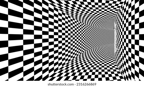 Abstract Black and White Pattern with Tunnel. Contrasty Optical Psychedelic Illusion. Smooth Checkered Tunnel and Chessboard in Perspective. Vector 3D Illustration
