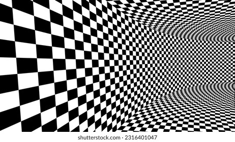 Abstract Black and White Pattern with Tunnel. Contrasty Optical Psychedelic Illusion. Smooth Checkered Tunnel and Chessboard in Perspective. Vector 3D Illustration