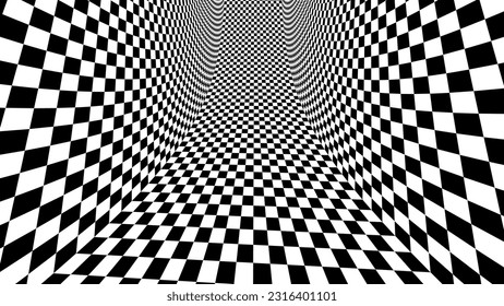 Abstract Black and White Pattern with Tunnel. Contrasty Optical Psychedelic Illusion. Smooth Checkered Tunnel and Chessboard in Perspective. Vector 3D Illustration