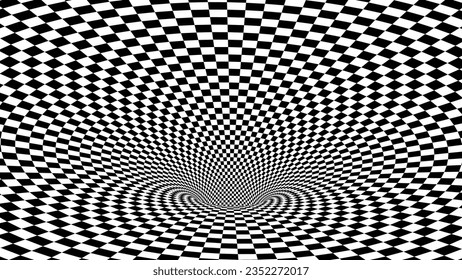 Abstract Black and White Pattern with Tunnel. Contrasty Optical Psychedelic Illusion. Optical Art Gravity Vortex. Smooth Checkered Tunnel and Chessboard in Perspective. Vector 3D Illustration