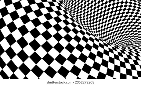 Resumen Patrón blanco y negro con túnel. Ilusión psicodélica contrastante. Vórtex de gravedad de arte óptico. Túnel y tablero de ajedrez suaves en perspectiva. Ilustración vectorial 3D