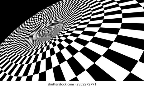 Abstract Black and White Pattern with Tunnel. Contrasty Optical Psychedelic Illusion. Optical Art Gravity Vortex. Smooth Checkered Tunnel and Chessboard in Perspective. Vector 3D Illustration