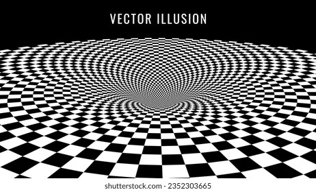 Abstract Black and White Pattern with Tunnel. Contrasty Optical Psychedelic Illusion. Optical Art Gravity Vortex. Smooth Checkered Tunnel and Chessboard in Perspective. Vector 3D Illustration