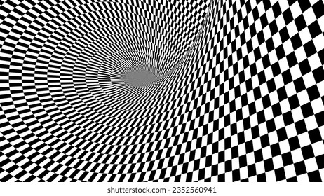 Abstraktes Schwarz-Weiß-Muster mit Tunnel. Kontraste optische psychedelische Illusion. Optische Kunstschwerkraft Vortex. Weicher Checkered Tunnel und Chessboard in Perspektive. Vektorgrafik 3D