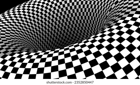 Resumen Patrón blanco y negro con túnel. Ilusión psicodélica contrastante. Vórtex de gravedad de arte óptico. Túnel y tablero de ajedrez suaves en perspectiva. Ilustración vectorial 3D