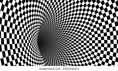 Abstract Black and White Pattern with Tunnel. Contrasty Optical Psychedelic Illusion. Optical Art Gravity Vortex. Smooth Checkered Tunnel and Chessboard in Perspective. Vector 3D Illustration