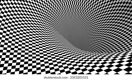 Abstract Black and White Pattern with Tunnel. Contrasty Optical Psychedelic Illusion. Optical Art Gravity Vortex. Smooth Checkered Tunnel and Chessboard in Perspective. Vector 3D Illustration