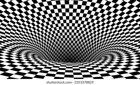 Abstract Black and White Pattern with Tunnel. Contrasty Optical Psychedelic Illusion. Optical Art Gravity Vortex. Smooth Checkered Tunnel and Chessboard in Perspective. Vector 3D Illustration