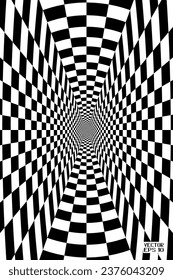 Resumen Patrón blanco y negro con túnel. Ilusión psicodélica contrastante. Espiral de cuadros suaves y tablero de ajedrez en perspectiva. Vector. Ilustración 3D