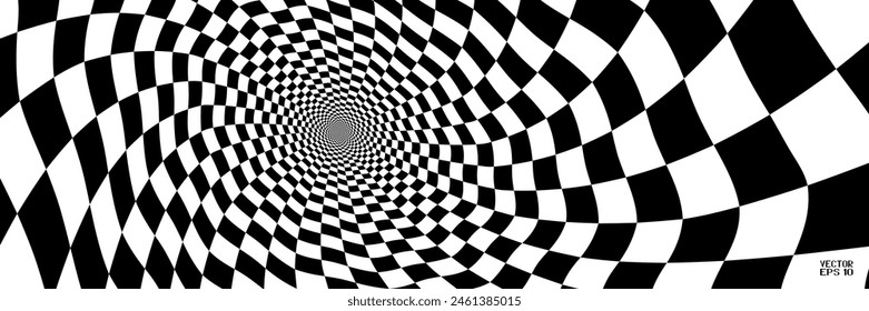 Abstract Black and White Pattern with Tunnel. Contrasty Optical Psychedelic Illusion. Smooth Checkered Spiral and Chessboard in Perspective. Vector. 3D Illustration