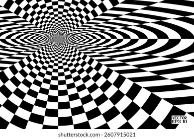 Abstract Black and White Pattern with Tunnel. Contrasty Optical Psychedelic Illusion. Smooth Checkered Spiral and Chessboard in Perspective. Vector. 3D Illustration