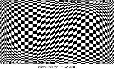 Abstract Black and White Pattern with Warped Pixel Grid. Contrasty Optical Psychedelic Illusion. Optical Art Gravity Vortex. Smooth Checkered Tunnel and Chessboard in Perspective. Vector Illustration