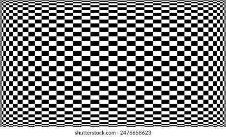 Abstract Black and White Pattern with Warped Pixel Grid. Contrasty Optical Psychedelic Illusion. Optical Art Gravity Vortex. Smooth Checkered Tunnel and Chessboard in Perspective. Vector Illustration