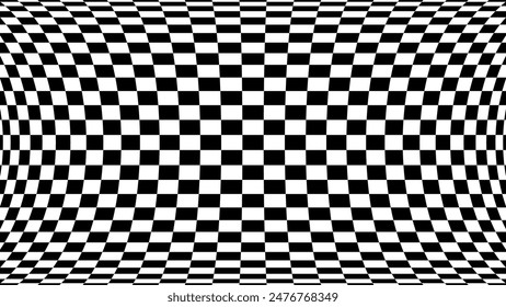 Abstract Black and White Pattern with Warped Pixel Grid. Contrasty Optical Psychedelic Illusion. Optical Art Gravity Vortex. Smooth Checkered Tunnel and Chessboard in Perspective. Vector Illustration