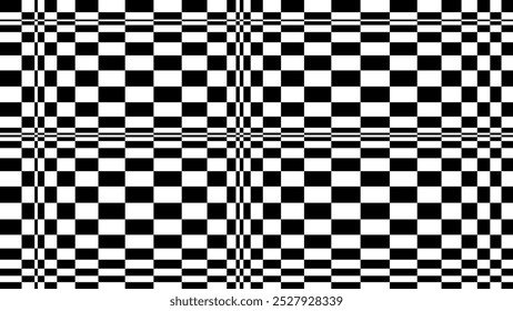Abstract Black and White Pattern with Warped Checkers Grid. Contrasty Optical Psychedelic Illusion. Optical Art. Vector Illustration