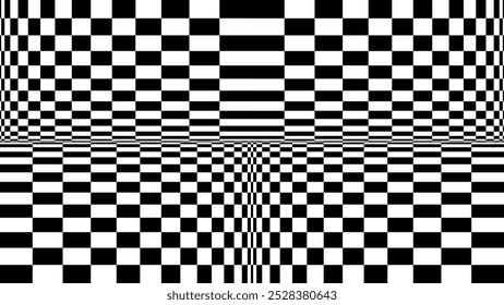Abstract Black and White Pattern with Warped Checkers Grid. Contrasty Optical Psychedelic Illusion. Optical Art. Vector Illustration