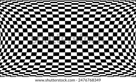 Abstract Black and White Pattern with Warped Pixel Grid. Contrasty Optical Psychedelic Illusion. Optical Art Gravity Vortex. Smooth Checkered Tunnel and Chessboard in Perspective. Vector Illustration