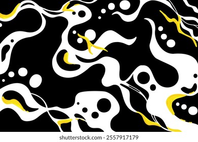 Abstract black and white pattern with yellow fluid accents. Digital art design in modern graphic style. Dynamic background concept