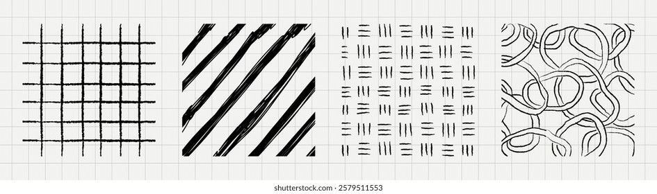 Abstract black and white patterns. Geometric lines, stripes, and curves. Patterns repeat in grid. Black and white abstract designs. Geometric and abstract art. Doodle element isolated vector set.