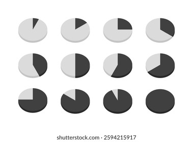 Abstract black and white pie charts representing time segments in minimalist design. Vector icon