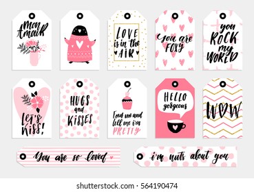 Abstract black, white, pink and gold glitter textured colored Valentine's Day printable tags collection. Love, heart, holiday sticker kit Vector illustration