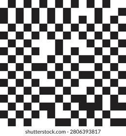 Abstract Black and White Pixel Checkerboard Seamless Pattern with Geometric Square Design