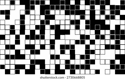 Abstract black and white pixelated mosaic pattern.  Ideal for technology, data, digital art, or modern design projects.  Represents complexity, code, or a digital landscape.