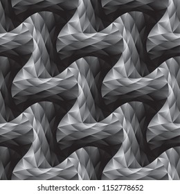 Abstract black and white polygon and curve geometric seamless pattern. Gradient repeatable background with metal effect. Stock vector illustration