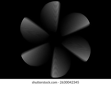 Abstract black and white propeller shape with radial metallic lines on a dark background. Vector minimal technology design