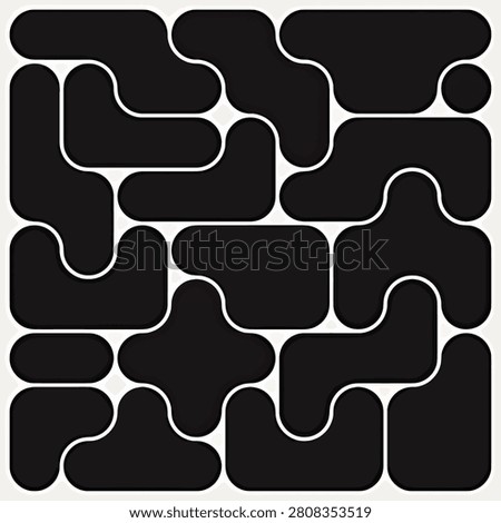 Abstract black and white puzzle-like pattern with rounded organic shapes and flowing lines, creating a modern, sophisticated, and modular background texture.