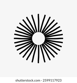 Abstract black and white radial design with symmetrical lines forming a circular pattern. Geometric and modern, this radial design is striking and bold. Doodle illustration vector.