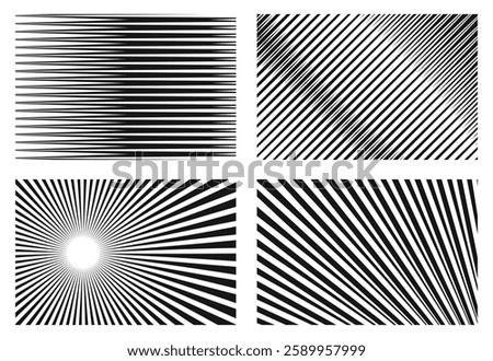 Abstract black and white radiating line patterns, dynamic optical design, exploring direction and focus.