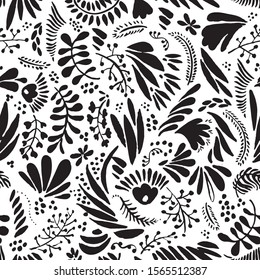 Abstract black and white repeatable seamless pattern, floral abstract elements on white background in beautiful pattern ornament