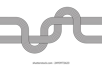 Abstract black and white retro pattern of black lines on a white background. Curved parallel lines, meditation, life balance, river stream, mid-century minimalist retro black and white line