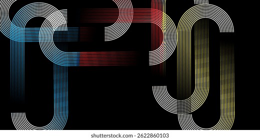 Abstract black and white retro pattern with white lines on a black background. Curved parallel lines.