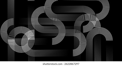 Abstractas patrón retro blanco y negro con líneas blancas sobre un fondo negro. Líneas paralelas curvas.