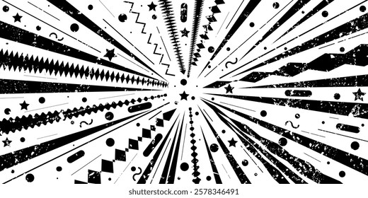 Abstract black and white retro rays. Circus background with faded paper effect and scuffs. Grunge and vintage wallpaper. Vector hand drawn, not AI  illustration for banners, wallpaper, wrapping	