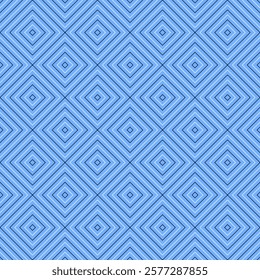 Abstract black and white rhombuses on blue background. Geometric striped vector seamless pattern.