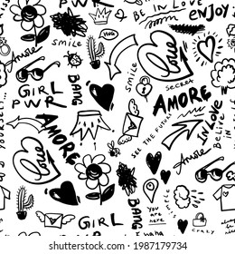 abstract black and white romantic cute doodle pattern. background in hand drawn Sketch style on white background.