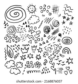 Abstract black and white scribble doodles set. Various hand drawn scribbles collection. Sketch items bundle. Isolated vector illustration, template design