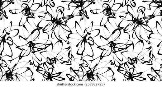 Abstract Black and White Scribble Pattern. Chaos Hand Drawn Graffiti. Street Art Seamless Pattern. Black Elements Old School Design for T-Shirt, Fabric, Wrapping Paper, or Wallpaper. Flower Pattern.