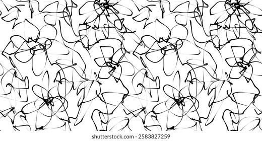 Abstract Black and White Scribble Pattern. Chaos Hand Drawn Graffiti. Street Art Seamless Pattern. Black Elements Old School Design for T-Shirt, Fabric, Wrapping Paper, or Wallpaper. Flower Pattern.
